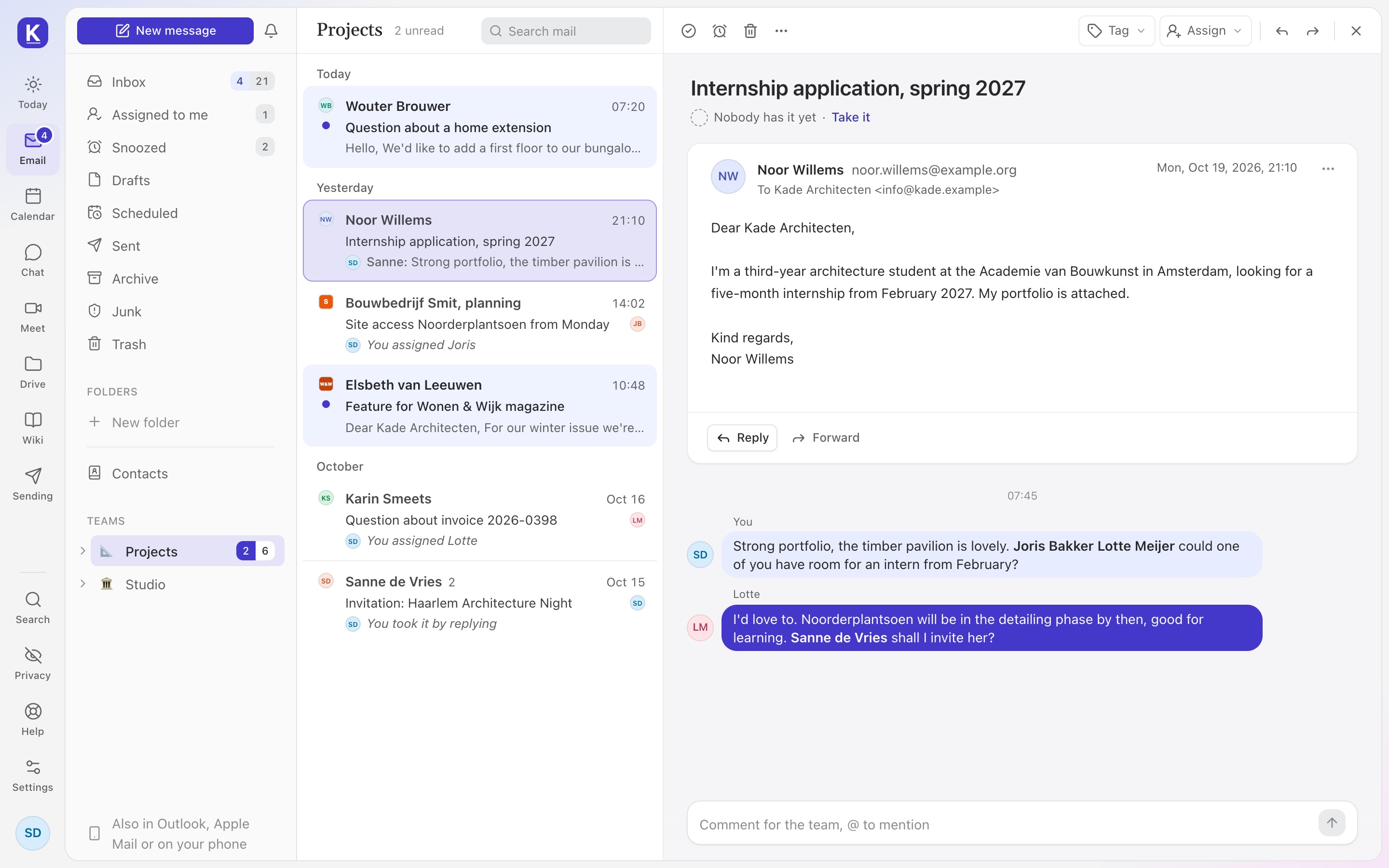 A shared inbox with comments from colleagues